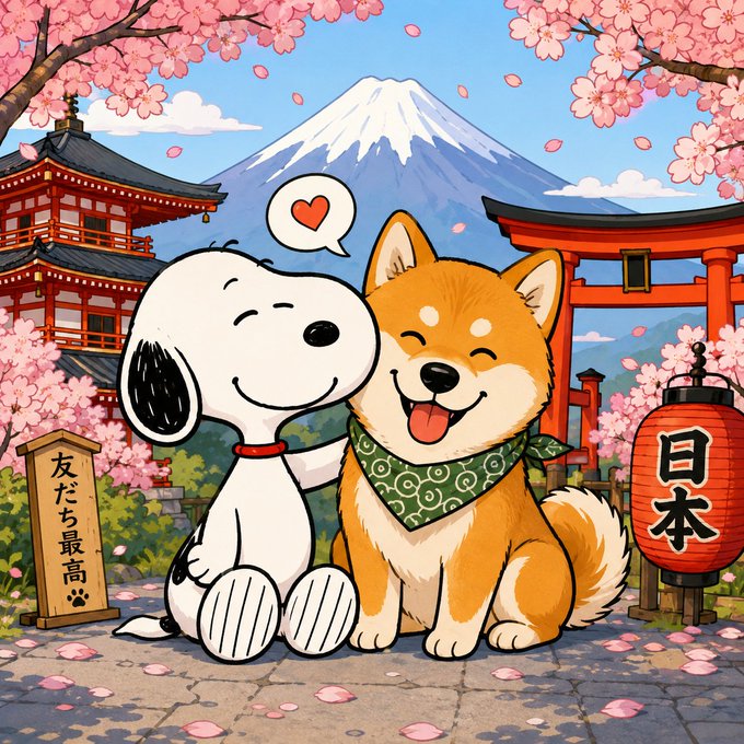 Snoopy and a Shiba Inu sit side-by-side, smiling in front of Mount Fuji and a torii gate, with a speech bubble showing a heart between them. Japanese characters reading "日本" (Japan) and "友だち最高" (Best friends) are visible on a lantern and wooden sign, reinforcing the post's heartwarming depiction of the iconic duo as best friends.