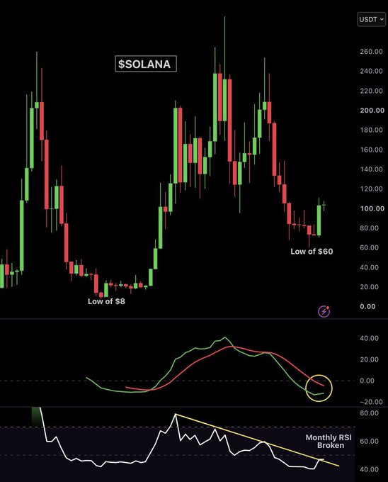 A financial chart for $SOLANA (USDT) showing candlestick price action with lows marked at $8 and $60, plus MACD and RSI indicators noting "Monthly RSI Broken".