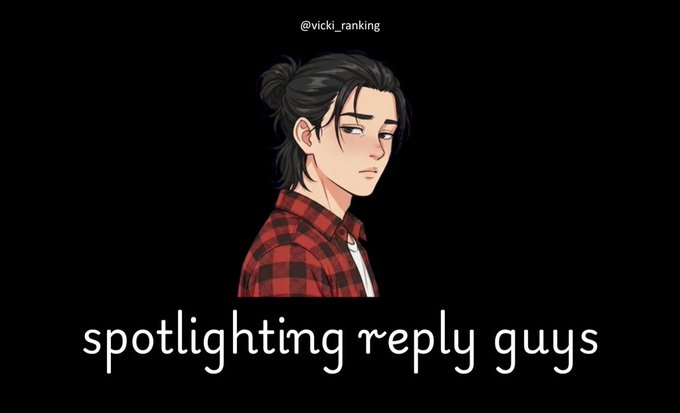 An illustrated anime-style character with black hair in a bun wearing a red plaid shirt, with the text 'spotlighting reply guys' and the handle @vicki_ranking.