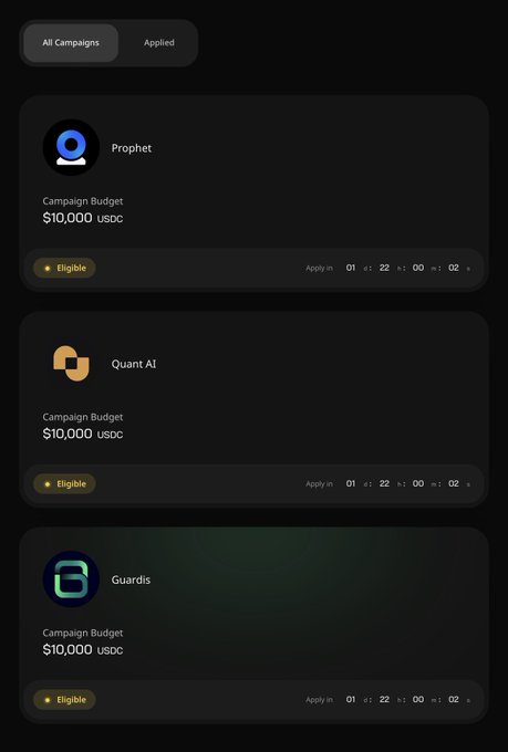 The image shows three different campaign boards for Wallchain, each with a unique logo and description. The first board displays an advertisement for a campaign called "Campaign AI Automated Targeted Creator Campaign", which is designed to outperform a 100K generic account by matching campaigns to specific audiences. The second board features the name "Guarda" along with its price of $10,000. The third board showcases another campaign named "Guardi".