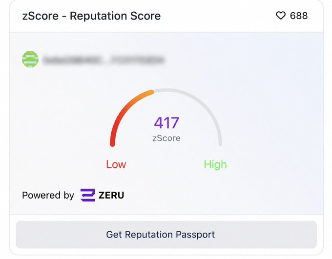A BaseScan zScore - Reputation Score widget displays a wallet's score of 417 zScore on a gauge ranging from Low (red) to High (green), powered by Zeru, alongside a "Get Reputation Passport" button and 688 likes. The image illustrates the newly launched wallet reputation score feature on Base Network that users can check via the Cards section on BaseScan.