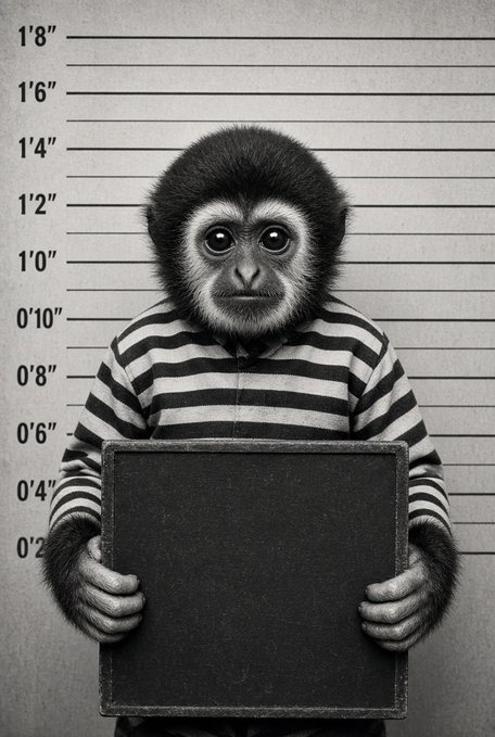 A black-and-white mugshot-style image shows a small monkey in a striped prison uniform holding a blank chalkboard, with a height chart marking from 0'2" to 1'8" in the background.