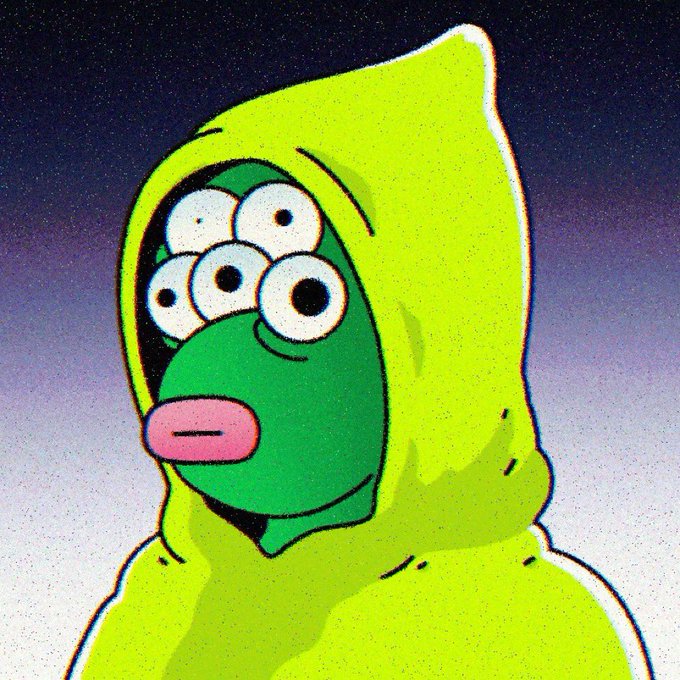 A cartoon illustration of a figure wearing a bright yellow hood, revealing a green face with multiple mismatched eyes and pink lips.