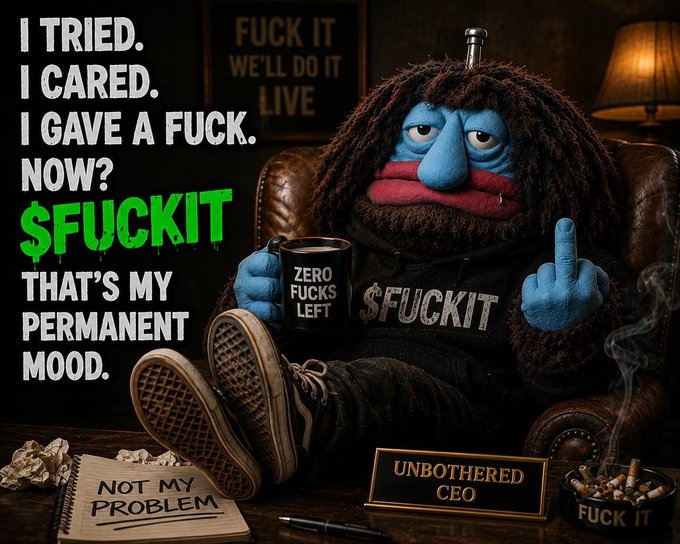 The image shows a blue, troll-like puppet character sitting in a leather armchair holding a coffee mug labeled "ZERO FUCKS LEFT," with a "$FUCKIT" hoodie, a nameplate reading "UNBOTHERED CEO," and surrounding text declaring "$FUCKIT THAT'S MY PERMANENT MOOD" — a meme aesthetic that perfectly matches the post's irreverent, no-presale "fair launch on Solana" promotion for the $FUCKIT token.