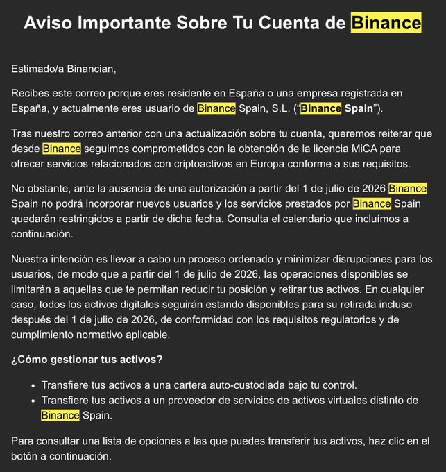 The image shows an official email from Binance in Spanish titled "Aviso Importante Sobre Tu Cuenta de Binance" (Important Notice About Your Binance Account), informing Spanish residents that Binance Spain will stop accepting new users and restrict services as of July 1, 2026, while assuring users their funds remain accessible for withdrawal. The email outlines asset management options, including transferring to a self-custody wallet or another virtual asset service provider, directly addressing the accompanying post's claims about Binance suspension in Europe and clarifying that funds will not be frozen.