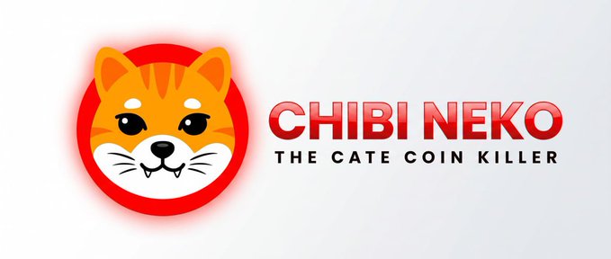 The image is a logo for "CHIBI NEKO" with the tagline "THE CATE COIN KILLER," featuring an orange cartoon cat face inside a red circle. It directly represents the $CHIBI token mentioned in the post, which positions the project as a "cat version of $SHIB" and a rival in the Solana meme coin space against $DOGE.
