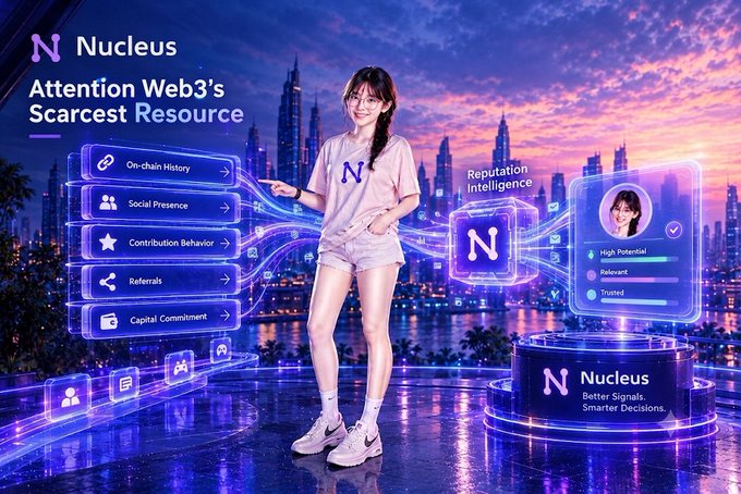 A promotional graphic for 'Nucleus' features a woman standing before a futuristic city skyline, with text reading 'Attention Web3's Scarcest Resource' and listing features like 'On-chain History', 'Social Presence', and 'Reputation Intelligence'.