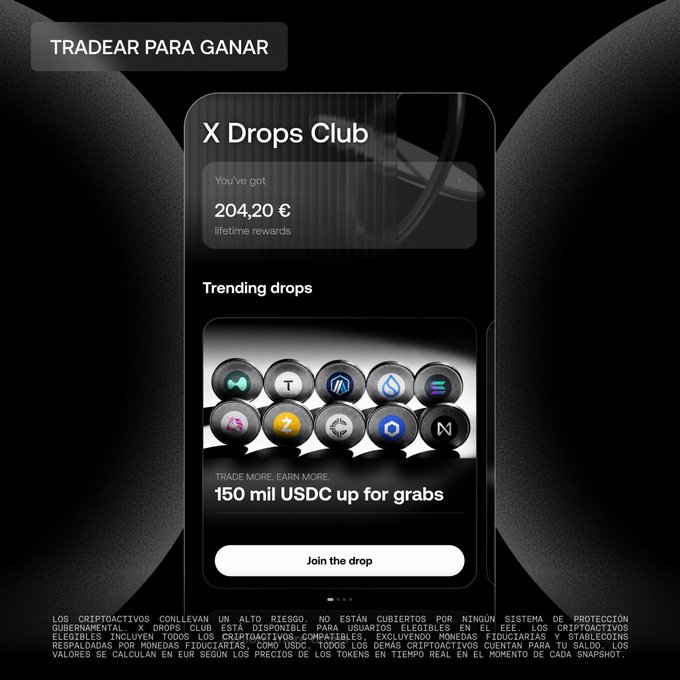 A mobile app interface for 'X Drops Club' showing lifetime rewards of 204.20 €, trending crypto drops with a '150 mil USDC up for grabs' offer, and a Spanish 'TRADEAR PARA GANAR' header.