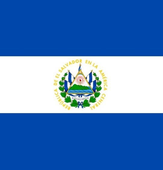 The flag of El Salvador, featuring two blue horizontal stripes flanking a white center stripe containing the national coat of arms with the text 'REPÚBLICA DE EL SALVADOR EN LA AMÉRICA CENTRAL'.