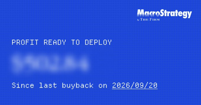 A blue pixelated screen branded 'MacroStrategy by THE FIFTH' displaying 'PROFIT READY TO DEPLOY' with a blurred value and 'Since last buyback on 2026/09/20'.