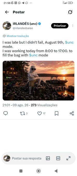 A screenshot of a social media post by user 'IRLANDÊS (unc)' with a meme image showing a figure in sunglasses sitting next to a campfire with text about being late.