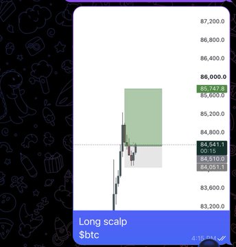 A Bitcoin candlestick chart showing a 'Long scalp $btc' trade with an entry at 85,747.8, stop loss at 84,541.1, and targets at 84,510.9 and 84,051.1.