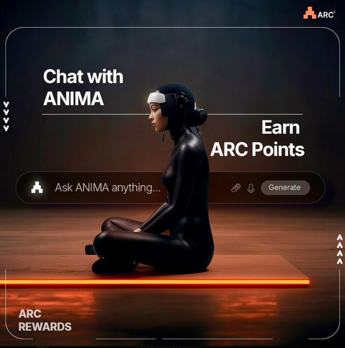 An advertisement for ARC featuring a woman in a black bodysuit wearing a VR headset, with text 'Chat with ANIMA' and 'Earn ARC Points' alongside a prompt input field.