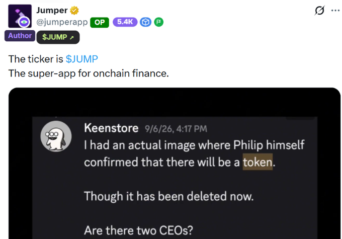 a post on x by jumper (@jumperapp) with the text 'the ticker is $jump. the super-app for onchain finance', quoting a message from keenstore about a token confirmed by philip.