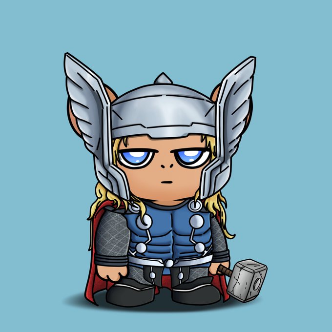 A chibi-style cartoon illustration of a blonde character dressed as Thor, wearing a winged helmet, armor, and a red cape, and holding a hammer.