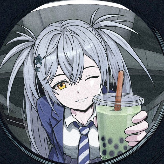 Anime illustration of a gray-haired schoolgirl with star hairclips winking while holding a cup of green matcha bubble tea with boba.