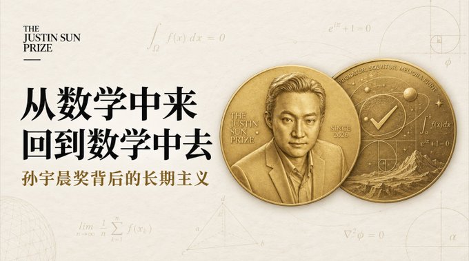 A promotional graphic for 'The Justin Sun Prize' featuring two gold commemorative coins alongside Chinese text reading '从数学中来 回到数学中去' (Coming from mathematics, returning to mathematics).