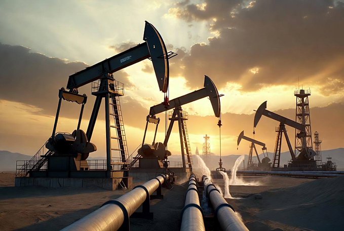 The image shows a group of oil pumps at an oil rig, with the sun setting behind them. The sky has a beautiful sunset glow over the scene, creating a serene atmosphere. There are several oil pumps visible in the image, indicating that this is likely an active oil rig. The post also mentions Bitcoin and a specific location, but without more context or details about the location, it's not possible to provide further information on where exactly the Bitcoin post is referencing.

The image captures the essence of an oil rig operation during sunset, with the sun setting behind the pumps and casting a warm glow over the scene. The presence of Bitcoin in the image suggests that there might be some connection between the oil industry and cryptocurrency markets.
