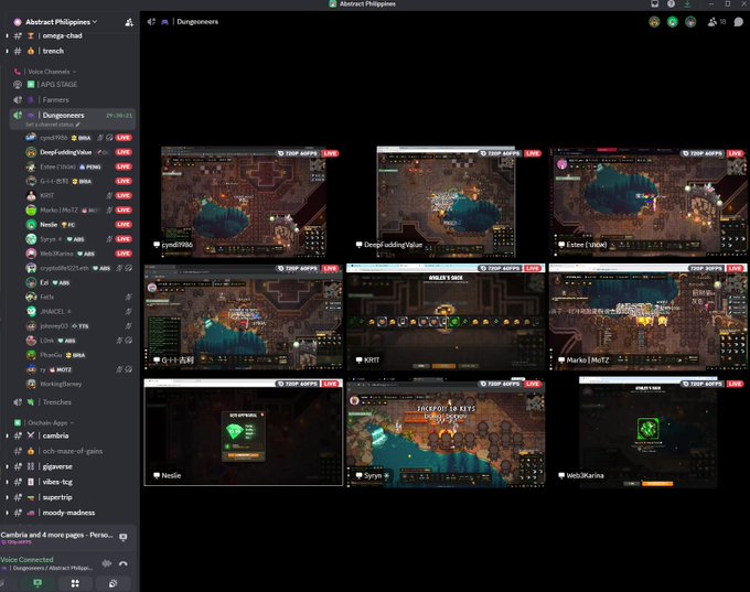 A Discord application window showing the 'Dungeoneers' server with multiple users live streaming a retro pixel-art dungeon game.