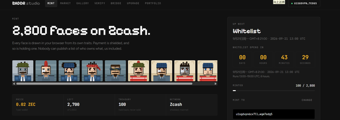 A website screenshot from 'BADOR studio' showing a project titled '2,800 Faces on Zcash' featuring pixel art characters, with details about a 'Whitelist' mint event.
