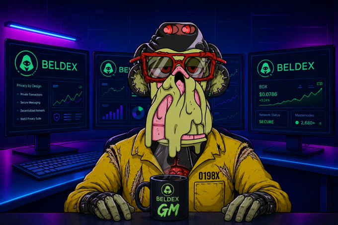 A cartoonish green alien-like character wearing red sunglasses and a yellow jacket with '0198X' sits at a desk with a 'BELDEX GM' mug, surrounded by three monitors displaying 'BELDEX' branding, crypto charts, BDX price ($0.0786), and security status information.