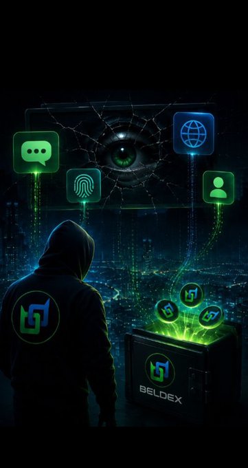 A dark digital artwork depicting a hooded figure with a 'G' logo on their back looking at a cracked smartphone screen with a glowing green eye, surrounded by floating icons (chat, fingerprint, globe, user), with a 'BELDEX' branded device emitting green light at the bottom.