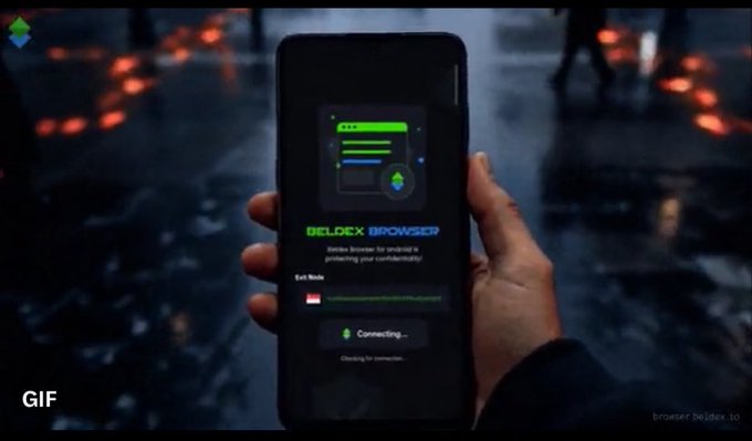 A hand holds a smartphone displaying a "DELDEx BROWSER" secure browsing app connecting, set against a dark futuristic backdrop with orange lights.