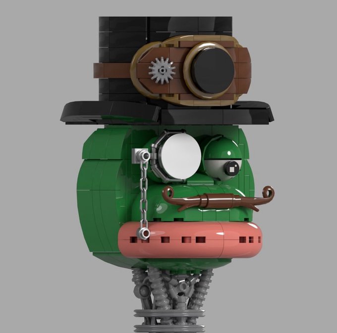 A custom LEGO-style figure featuring a green round body, a black top hat with steampunk-style goggles, mismatched eyes (one round, one mechanical), a curled mustache, and spring-like legs, perfectly matching the playful "gm frens" greeting with its whimsical, eccentric design.