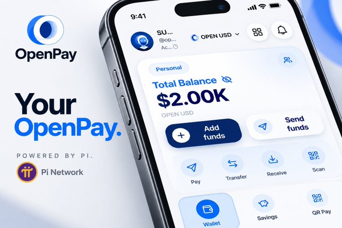 A smartphone displays the OpenPay digital wallet app showing a total balance of $2.000k OPEN USD, with feature buttons for Pay, Transfer, Receive, Scan, and Send funds, alongside "Your OpenPay. Powered by Pi Network" branding that matches the post's promotion of an everyday digital payment platform built on Pi Network.