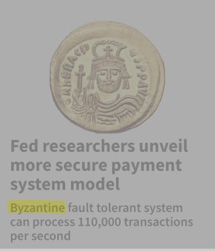 A gold Byzantine-style coin is displayed above text announcing that Fed researchers have developed a "Byzantine fault tolerant system" capable of processing 110,000 transactions per second, relating to the post's claim about the Federal Reserve utilizing XRP, XLM, and HBAR for secure payment systems.
