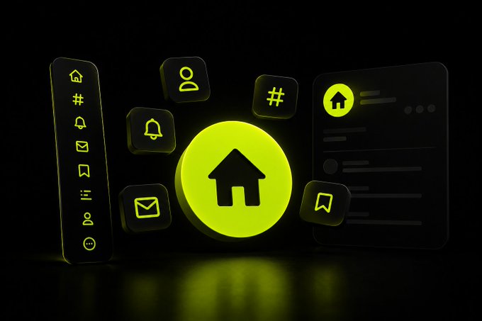 A glowing yellow home icon is centered among floating dark app icons on a black background, accompanied by a sidebar menu and a list-style interface panel.