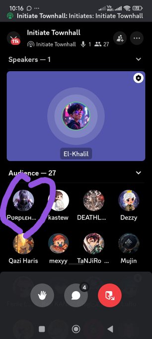 A mobile screenshot of an 'Initiate Townhall' voice chat on a Discord-like platform, showing 1 speaker named 'El-Khalil' and 27 audience members, with a heart drawn around the user 'PurplEH...'.