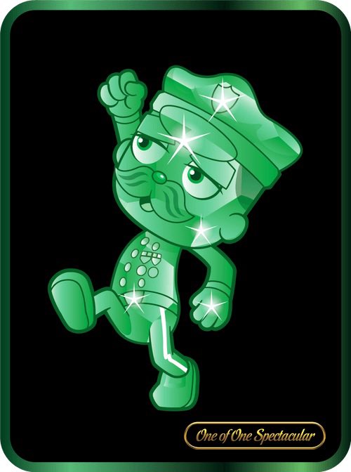A digital trading card featuring a stylized green cartoon character with a mustache and hat in a dynamic pose against a black background, labeled 'One of One Spectacular' in gold text at the bottom.
