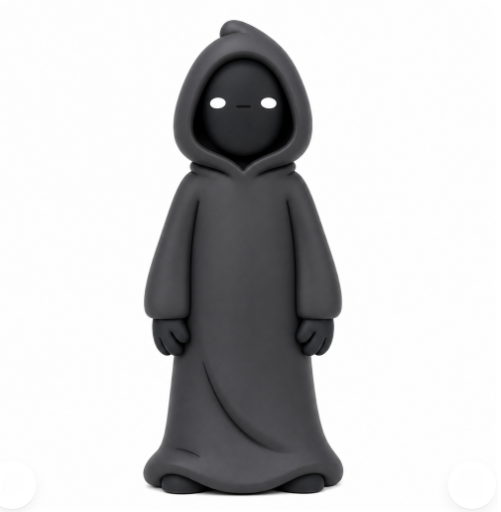 A 3D render of a simple, dark grey figure with a pointed hood, glowing white dot eyes, and a long robe.