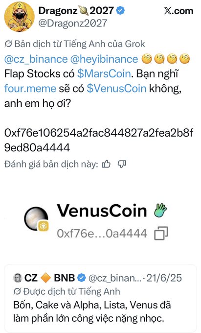 A screenshot of an X.com post in Vietnamese by 'Dragonz 2027' tagging @cz_binance about 'Flap Stocks' and a token called 'VenusCoin,' with a quoted tweet from CZ BNB.