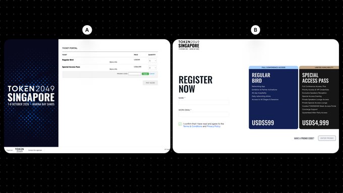 Two screenshots of the TOKEN2049 SINGAPORE website showing ticket portal pricing details (A) and registration pricing for 'Regular Bird' at USD$599 and 'Special Access Pass' at USD$4,999 (B), for the 7-8 October 2026 event at Marina Bay Sands.