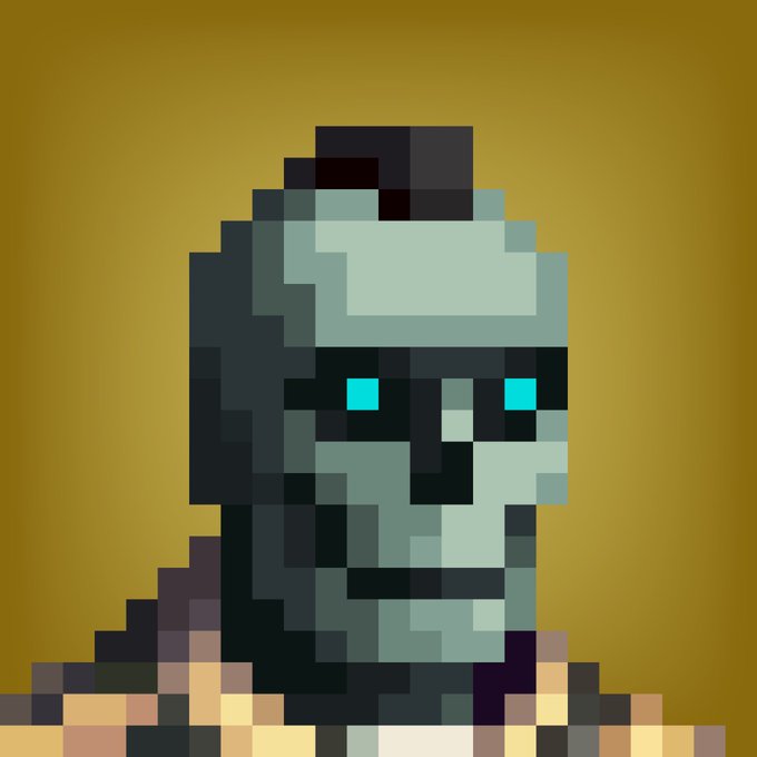 A pixel art portrait of a hooded figure with glowing blue eyes against a yellow background, resembling a Star Wars character like Darth Revan or a Sith.