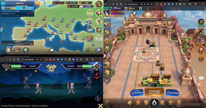 The image shows two different screens of a video game, both displaying the same game. The first screen has a map with various locations and buildings, while the second screen features characters interacting within this environment. The text "Gm ae đầu tuần mới Họp giao ban gì chơi quá trời game luôn nạ :D Ae chơi game gì đó nà? Tui thì chơi quá trời game luôn nạ :D". The post is about a video game, and it seems to be discussing the different aspects of the game displayed on both screens.