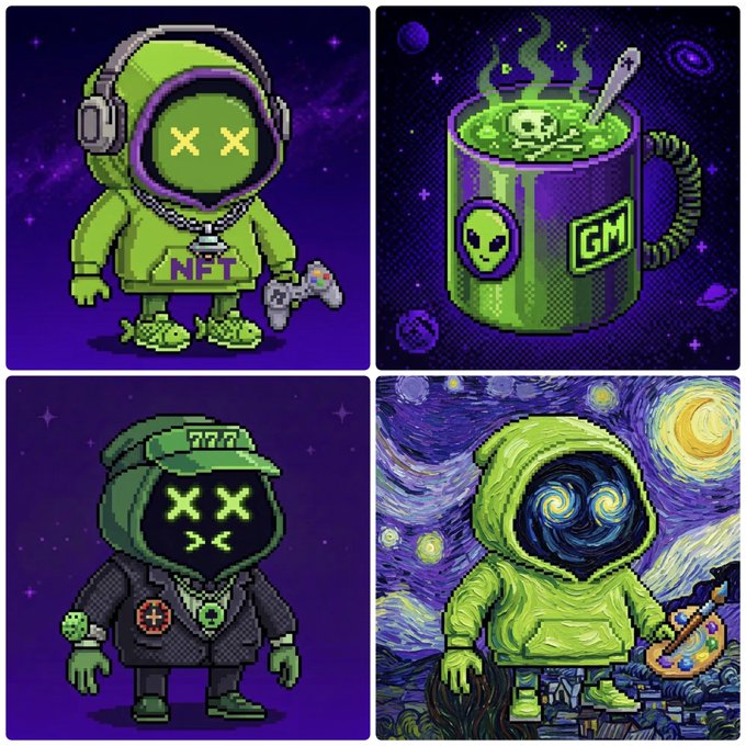 Four pixel art panels showing green hooded characters with 'X X' eyes in NFT, toxic mug, streetwear, and Van Gogh 'Starry Night' styles.