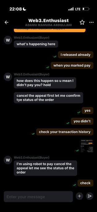 A screenshot of a dark-mode chat conversation with 'Web3.Enthusiast(Buyer)' discussing a payment dispute and order status, referencing an Adamu Mamuda Abdullahi profile.
