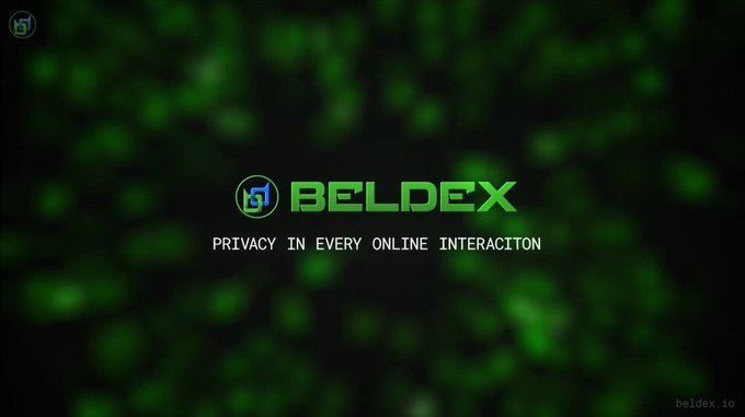 A dark graphic with glowing green bokeh lights in the background displays the "BELDEX" logo and the slogan "PRIVACY IN EVERY ONLINE INTERACITON," with the website "beldex.io" in the corner.
