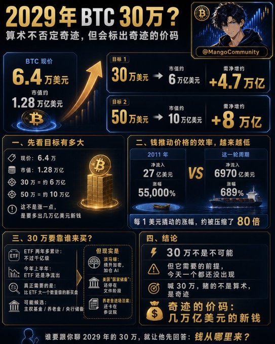 The image is a Chinese-language infographic titled "2029年 BTC 30万?" (2029 BTC $300K?) that breaks down the math behind Bitcoin's price target, showing current BTC at $64,000 with a market cap of $1.28 trillion, and illustrating that reaching $300K would require ~$6 trillion in market cap growth (+$4.7 trillion net inflow), while highlighting ETF inflows of $27B in 2011 vs $697B in the current cycle. The chart visually supports the post's argument by quantifying just how massive the capital inflows would need to be to hit $300K, suggesting it's mathematically possible but would require "tens of trillions in new money"—essentially the "price tag for a miracle."