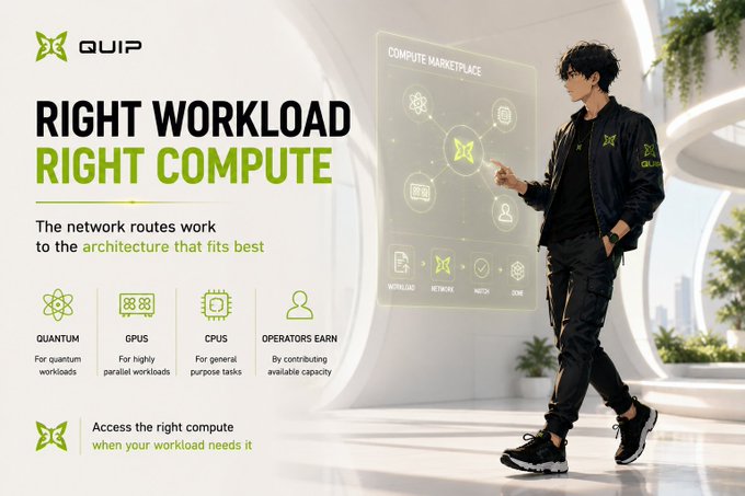 The image features a man in dark clothing interacting with a glowing "Compute Marketplace" interface, alongside QUIP branding and the tagline "Right Workload, Right Compute." It visually reinforces the post by illustrating how QUIP routes workloads to suitable hardware (Quantum, GPUs, CPUs) via a marketplace model.