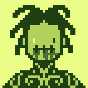 A pixel art portrait of a green-skinned zombie-like character with dark hair and stitched clothing rendered in retro 8-bit style.