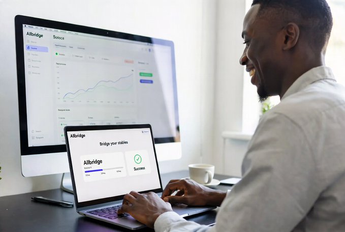 A smiling man works on a laptop displaying the Allbridge platform with a "Success" message and "Bridge your stables" screen, while a monitor behind him shows analytics dashboards featuring the "Allbridge Stables" interface with performance charts and transaction data, visually reinforcing the post's praise for Allbridge's seamless native stable transfer solutions.