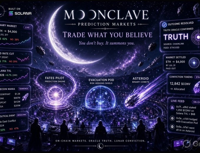 A promotional graphic for 'MOONCLAVE PREDICTION MARKETS' built on Solana, featuring 'Trade what you believe. You don't buy. It summons you.' with sections for Fates Pilot, Evacuation Pod, Asteroid, and various prediction market data points.