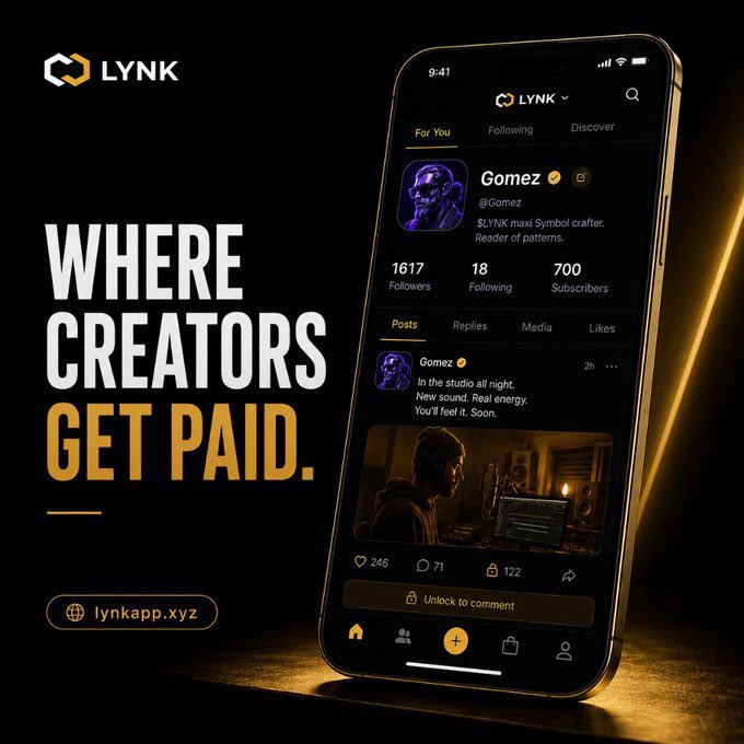 LYNK promotional graphic with the tagline "WHERE CREATORS GET PAID" and website lynkapp.xyz, featuring a mockup of the app showing a creator profile for "Gomez".