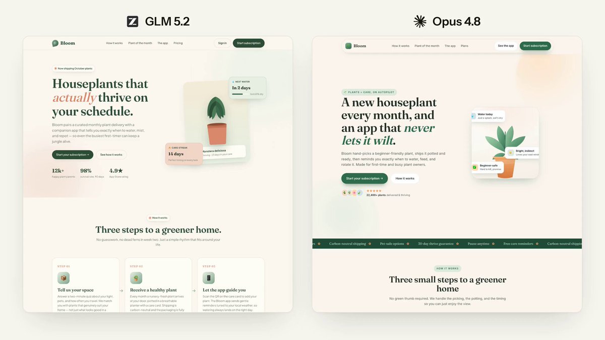 The image shows two different websites side by side, both featuring green plants as their main theme. The website on the left has a white background with a green plant design, while the one on the right has a brown background with a similar green plant design. Both websites have a clean and modern look to them, making it easy for users to navigate through the content. The text "There has been a lot of hype around GLM-5.2 this week. Most of it is deserved. Some of it is not." suggests that there might be some buzz surrounding the new website or app, but it's important to evaluate its actual functionality and usefulness before jumping on the bandwagon.