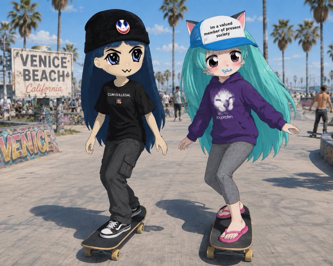 An anime-style illustration depicts two chibi characters skateboarding at Venice Beach, California, with one wearing a "CUM IS ILLEGAL" shirt and the other in a purple "tr4pcelen" hoodie with a "valued member of present society" hat.