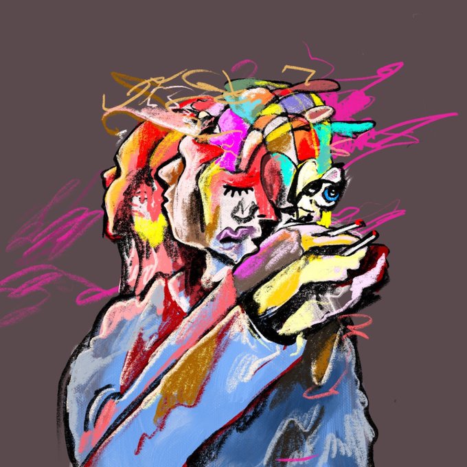 An abstract, colorful digital painting of a distorted figure or face rendered with chaotic brushstrokes in vibrant hues of pink, yellow, blue, and red against a dark background.